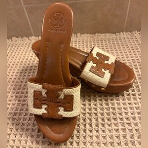 Tory Burch Terri Wood Wedge Leather Slides ~ Size 8 1/2